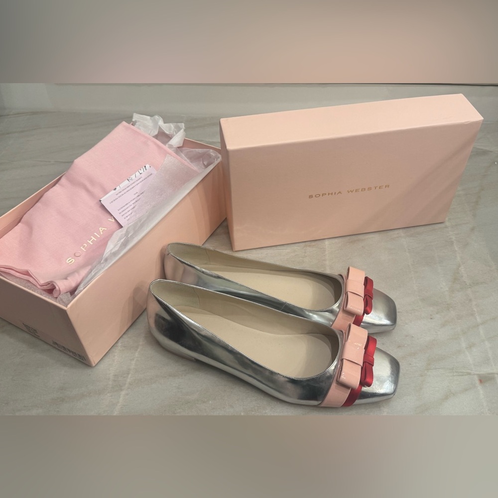 Sophia Webster Silver and Pink Andie Square Toe Ballet Flats. Size 42 . NWT